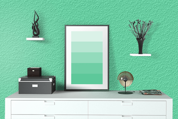 Pretty Photo frame on Medium Aquamarine color drawing room interior textured wall