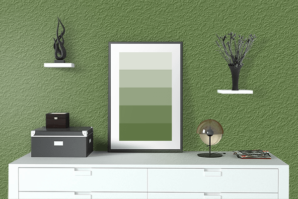 Pretty Photo frame on Maximum Green color drawing room interior textured wall