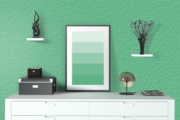Pretty Photo frame on Ocean Green color drawing room interior textured wall