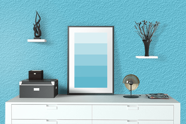 Pretty Photo frame on Sky Blue (Crayola) color drawing room interior textured wall