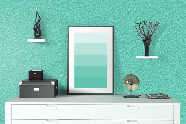 Pretty Photo frame on Medium Turquoise color drawing room interior textured wall