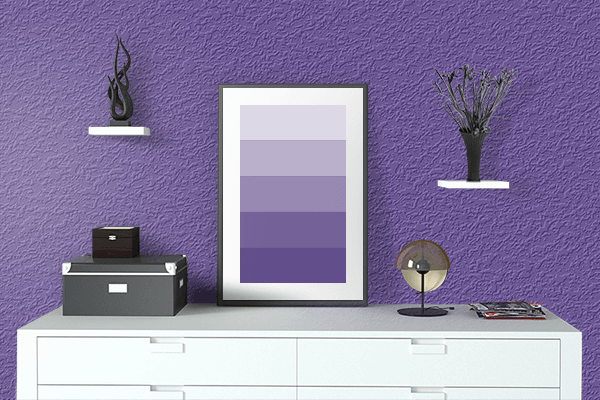 Pretty Photo frame on Purple Heart color drawing room interior textured wall
