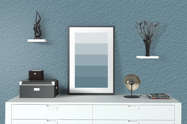 Pretty Photo frame on Desaturated Cyan color drawing room interior textured wall
