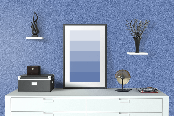 Pretty Photo frame on Silver Lake Blue color drawing room interior textured wall