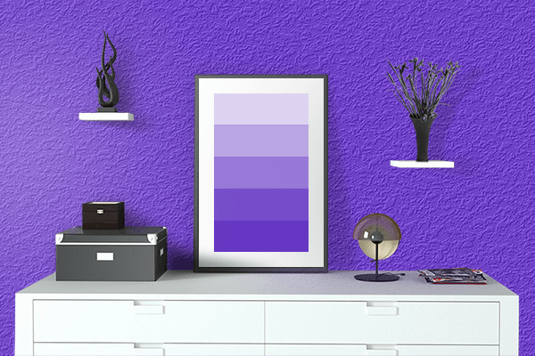 Pretty Photo frame on Han Purple color drawing room interior textured wall
