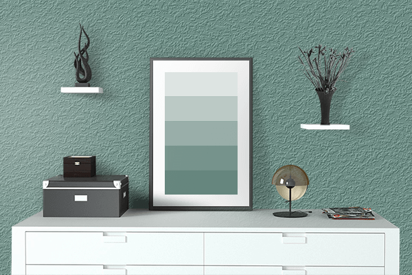 Pretty Photo frame on Steel Teal color drawing room interior textured wall