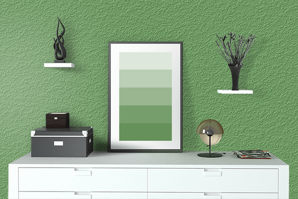 Pretty Photo frame on Russian Green color drawing room interior textured wall