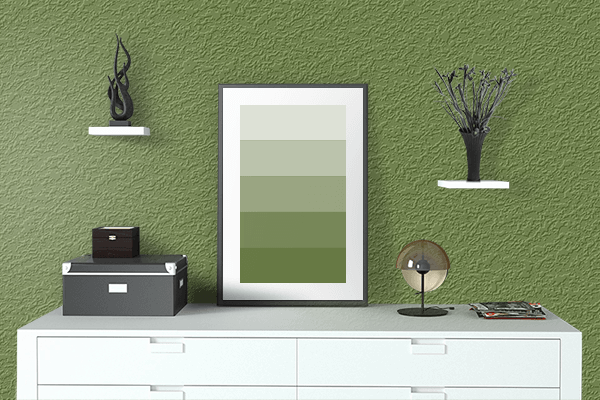 Pretty Photo frame on Maximum Green color drawing room interior textured wall