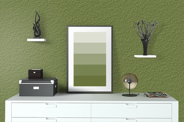 Pretty Photo frame on Mustard Green color drawing room interior textured wall
