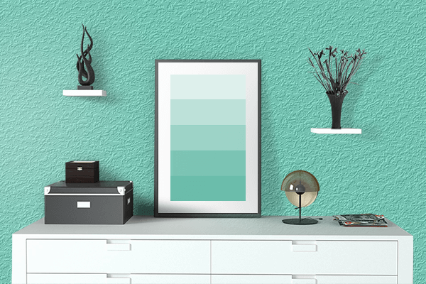 Pretty Photo frame on Pearl Aqua color drawing room interior textured wall