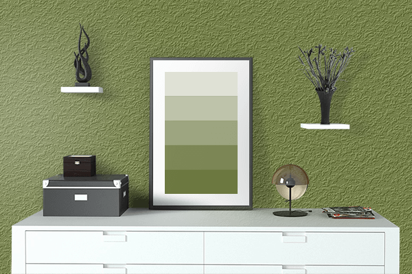 Pretty Photo frame on Mustard Green color drawing room interior textured wall