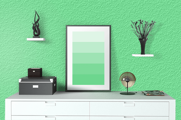 Pretty Photo frame on Very Light Malachite Green color drawing room interior textured wall
