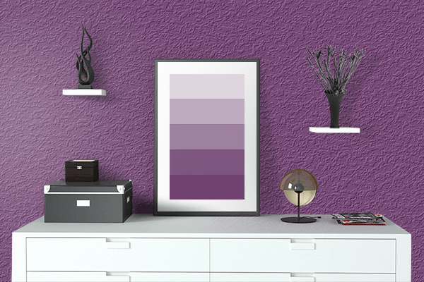 Pretty Photo frame on Maximum Purple color drawing room interior textured wall