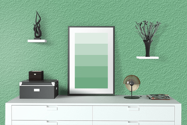 Pretty Photo frame on Iguana Green color drawing room interior textured wall