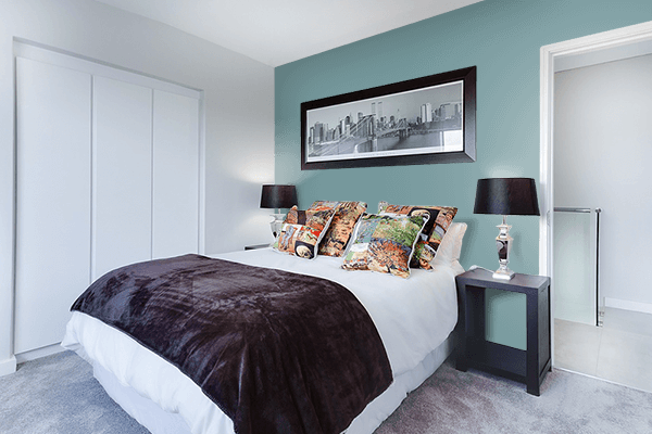 Pretty Photo frame on Desaturated Cyan color Bedroom interior wall color