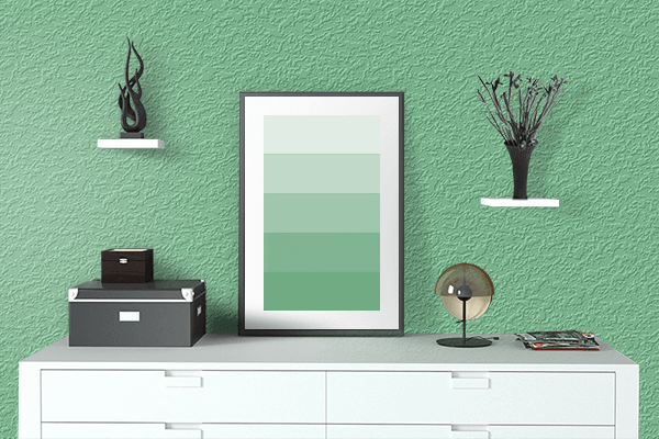 Pretty Photo frame on Iguana Green color drawing room interior textured wall