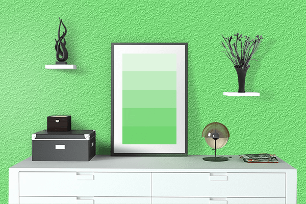 Pretty Photo frame on Screamin' Green color drawing room interior textured wall