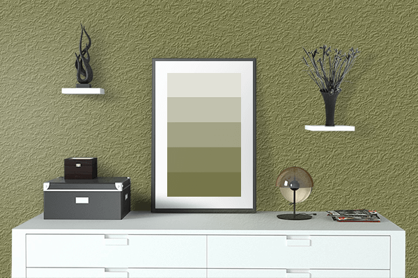 Pretty Photo frame on Old Moss Green color drawing room interior textured wall