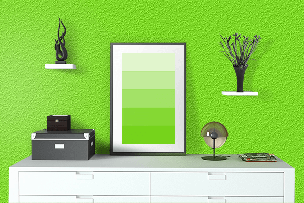 Pretty Photo frame on Lawn Green color drawing room interior textured wall