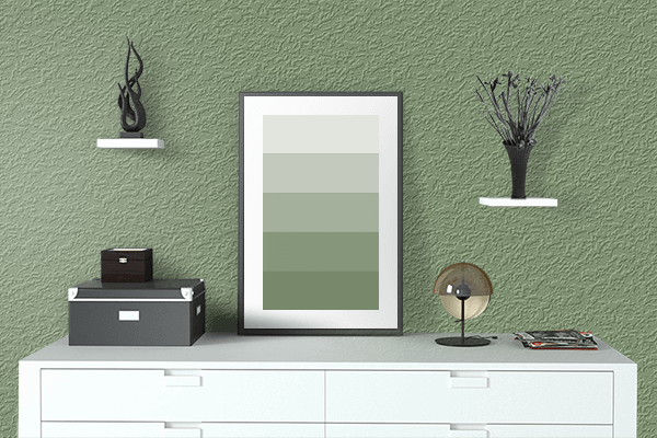 Pretty Photo frame on Camouflage Green color drawing room interior textured wall