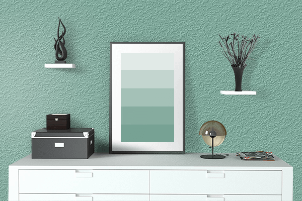 Pretty Photo frame on Green Sheen color drawing room interior textured wall