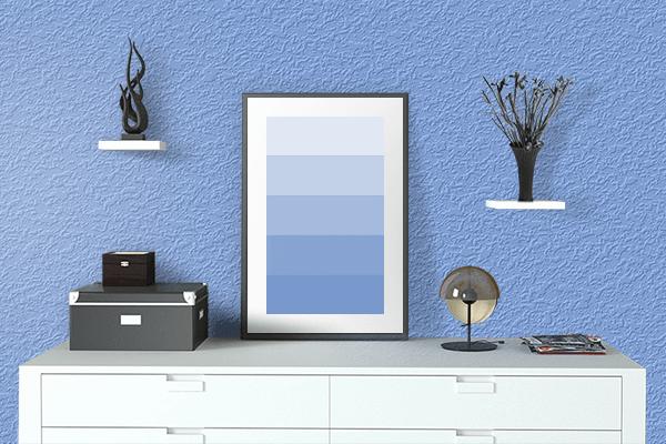 Pretty Photo frame on Jordy Blue color drawing room interior textured wall