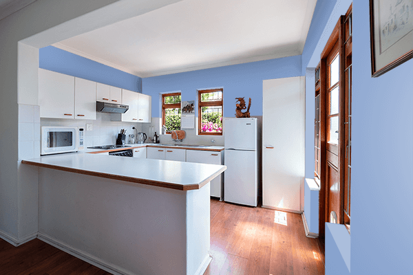 Pretty Photo frame on Dark Pastel Blue color kitchen interior wall color