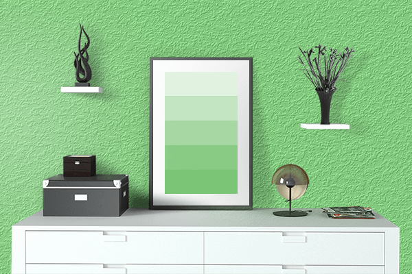 Pretty Photo frame on Pastel Green color drawing room interior textured wall