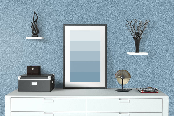 Pretty Photo frame on Dark Sky Blue color drawing room interior textured wall