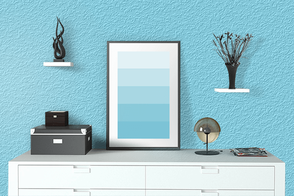Pretty Photo frame on Pale Cyan color drawing room interior textured wall
