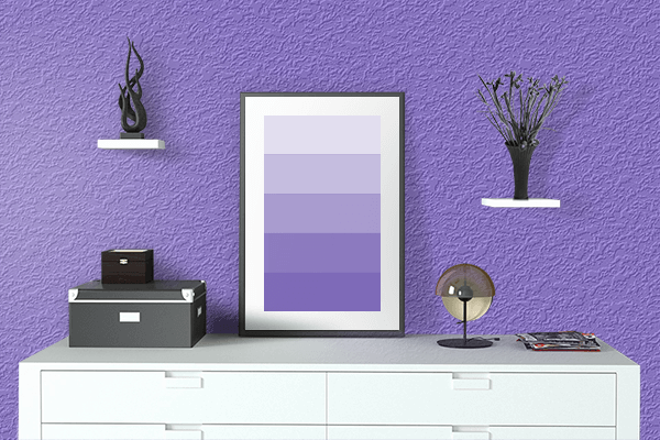 Pretty Photo frame on Medium Purple color drawing room interior textured wall