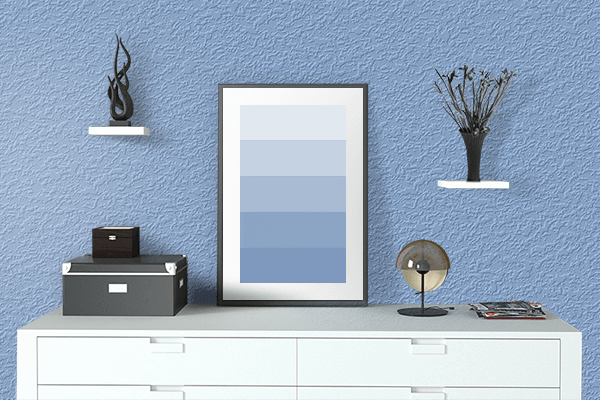 Pretty Photo frame on Light Cobalt Blue color drawing room interior textured wall