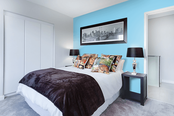 Pretty Photo frame on Sky Blue color Bedroom interior wall color