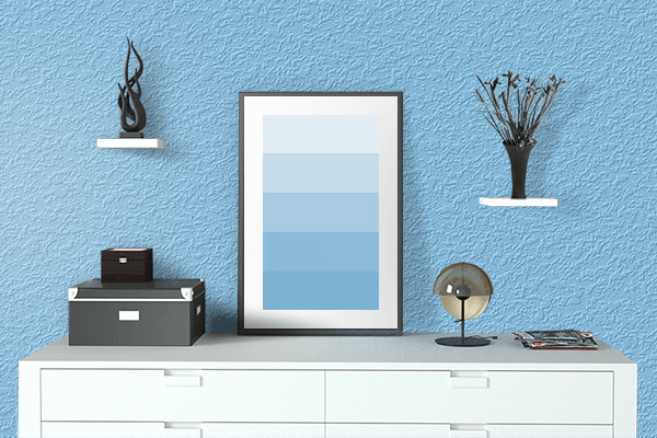 Pretty Photo frame on Light Sky Blue color drawing room interior textured wall