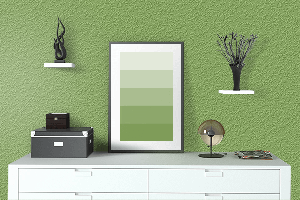 Pretty Photo frame on Bud Green color drawing room interior textured wall