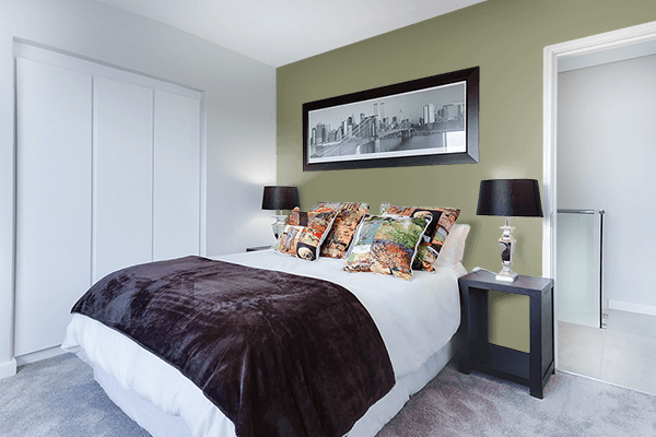 Pretty Photo frame on Artichoke color Bedroom interior wall color