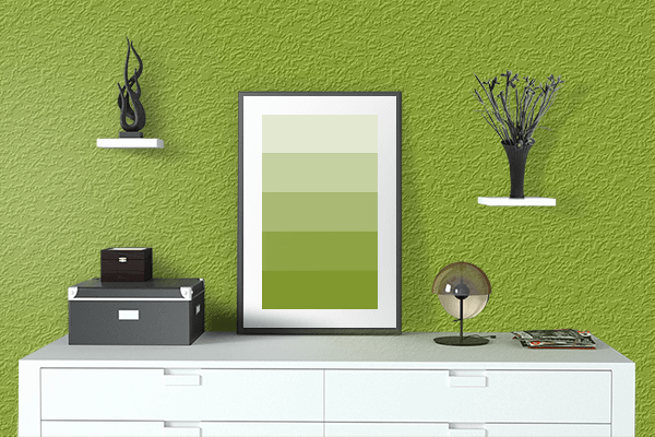 Pretty Photo frame on Dark Lemon Lime color drawing room interior textured wall
