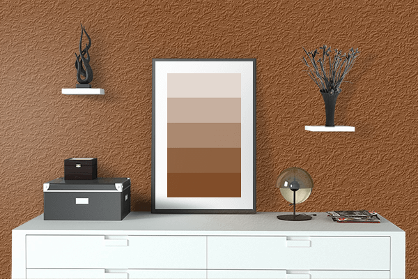 Pretty Photo frame on Saddle Brown color drawing room interior textured wall