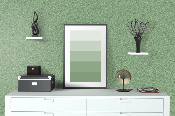 Pretty Photo frame on Dark Sea Green color drawing room interior textured wall