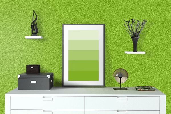 Pretty Photo frame on Sheen Green color drawing room interior textured wall