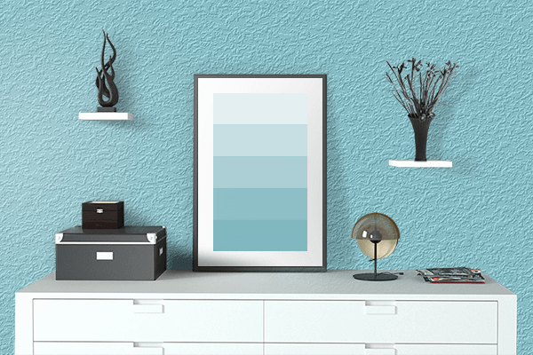 Pretty Photo frame on Sky Blue color drawing room interior textured wall