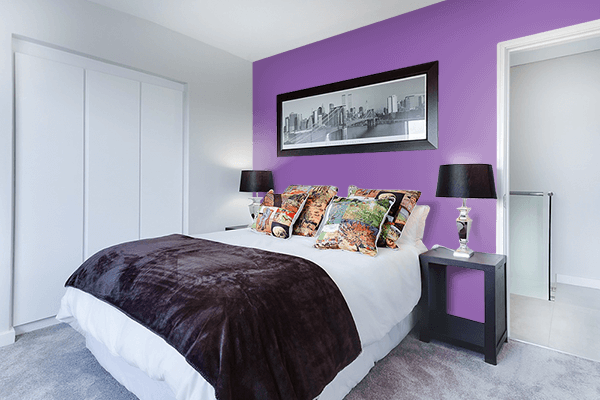 Pretty Photo frame on Purpureus color Bedroom interior wall color