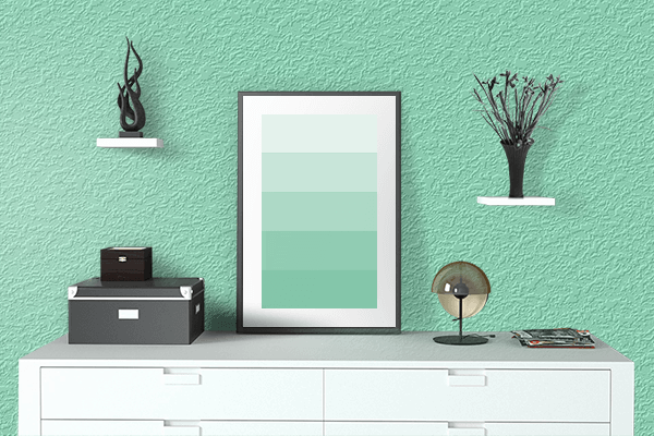 Pretty Photo frame on Sea Foam Green color drawing room interior textured wall
