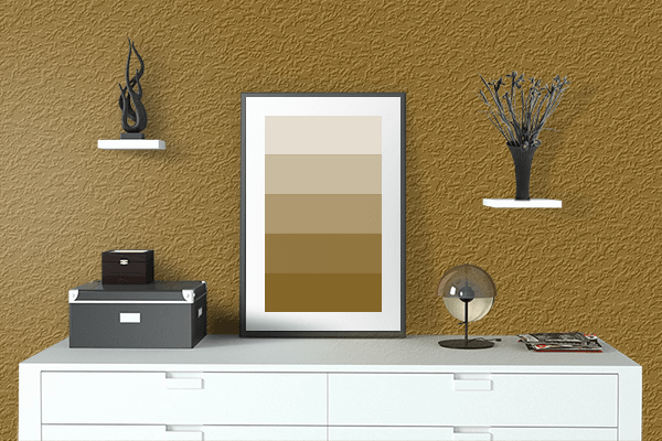 Pretty Photo frame on Golden Brown color drawing room interior textured wall