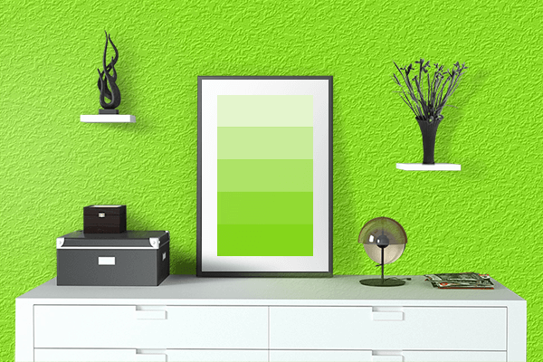 Pretty Photo frame on Mango Green color drawing room interior textured wall