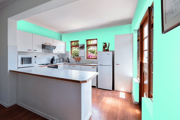 Pretty Photo frame on Aquamarine color kitchen interior wall color