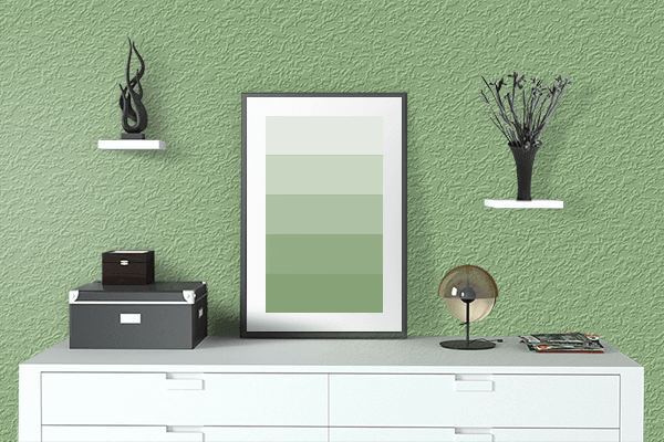 Pretty Photo frame on Olivine color drawing room interior textured wall