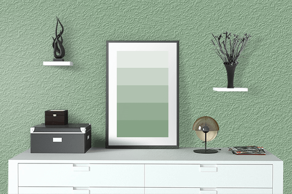 Pretty Photo frame on Dark Sea Green color drawing room interior textured wall
