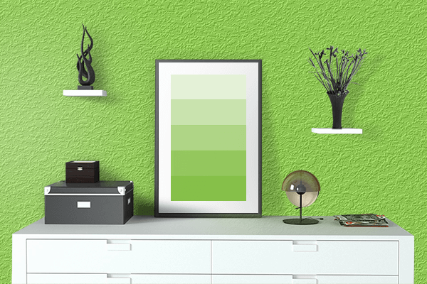 Pretty Photo frame on Kiwi color drawing room interior textured wall