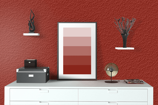 Pretty Photo frame on Crimson Red color drawing room interior textured wall